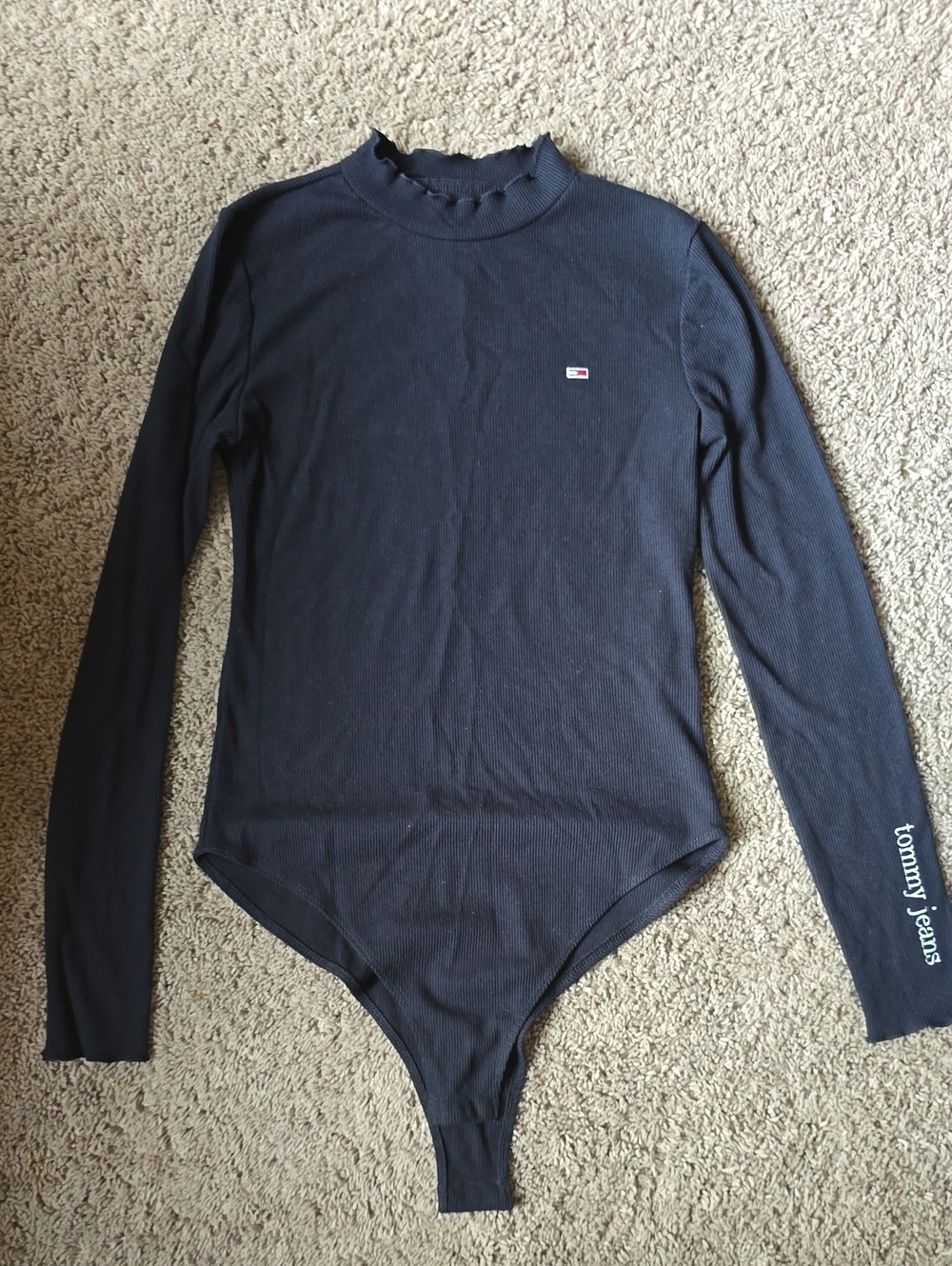 Tommy Jeans Black Long Sleeve Bodysuit With Small Turtle Neck Dark Blue